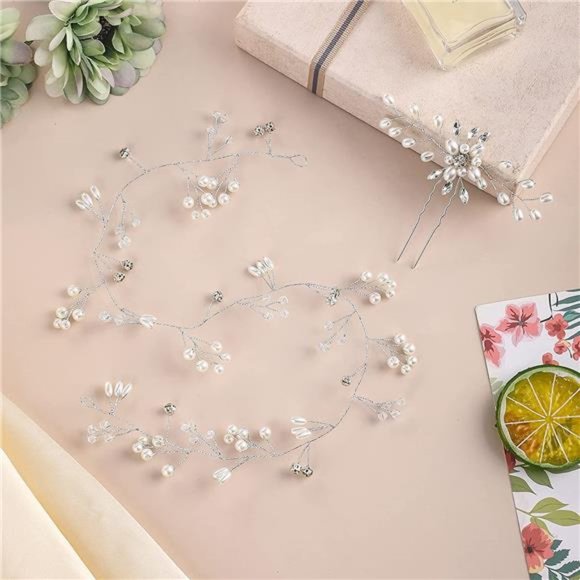 Bridal Crystal Headband with Pearls - Extra Long Hair Vine - Picture 5 of 7